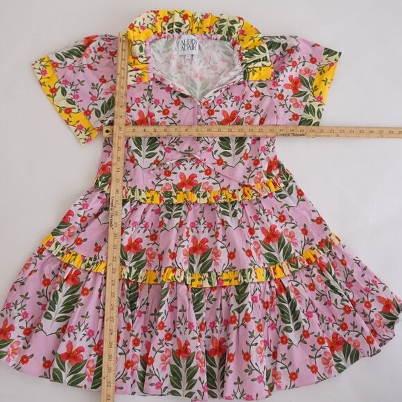 Alden Adair Pink Floral Button Front Tiered Ruffle Short Sleeve Cotton Dress S - Picture 3 of 11